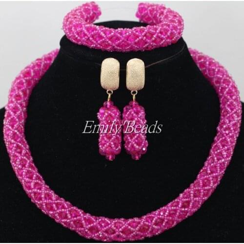 Hot Fuchsia Pink Nigerian Traditional Wedding Jewelry Set African Costume Crystal Beads Jewelry Set Bridal Jewelry Set AIJ476