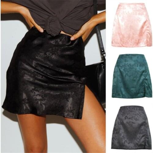 2021 Spring Summer Womens Clothing European American Split Skirt Sexy Jacquard Satin High Waist Zipper Skirt Black