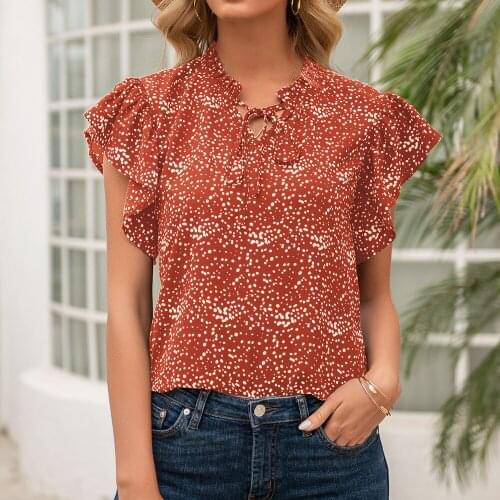 Summer Women Shirt Lotus Leaf Short Sleeve Polka Dot Printing Top Casual Loose Half Open Collar Tops Street Ladies Blouses