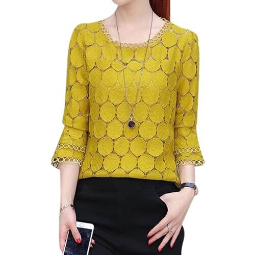 Womens Spring Autumn Style Lace Blouses Shirt Womens Hollow Out O-Neck Flare Sleeve Korean Lace Tops DD9019