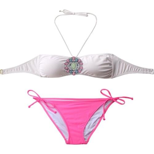 Women Designs Girl Crystal Diamond Bikini White Top Pink Bottom Swimsuit Biquini Brazilian Bathing Suit Sexy Swimwear