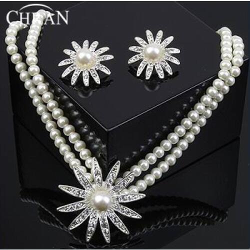 CHRAN Brand Costume Women Jewelry Crystal Rhodium Plated Imitation Pearl Bridal Wedding Jewelry Sets