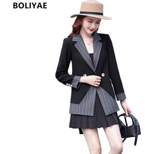 Boliyae 2021 Newest Stylish Designer Black Blazer Women Double Breasted Striped Splicing V-neck Jacket Female Casual Suits Tops