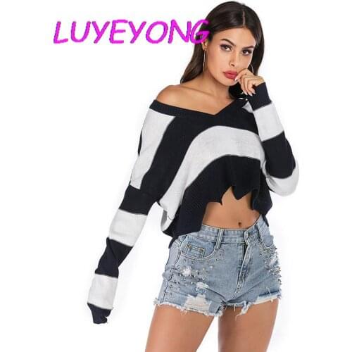 Sexy Goth Loose Short-length Women Sweaters Contrast Color Batwing Long-sleeve Sweaters Lady Deep V Neck Striped Navy Wine Red