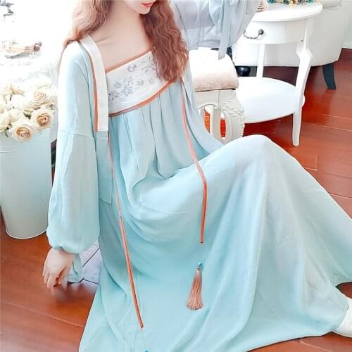 Hanfu Women Chinese Style Dress Suit 2021 Summer New Vintage Loose Sweet Blouse + White Tube Top Embroidery Dresses Vestidos