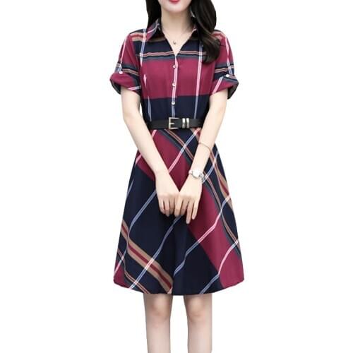 Fashion Women Summer Plaid Dresses Short sleeve Lapel Large size Loose Dress Fresh Air Sweet Goddess Casual Vestido 2021 OK700
