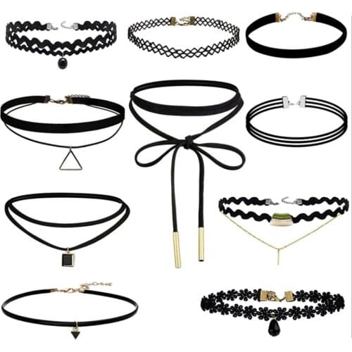 10pcs/set Gothic Punk Style Velvet Tattoo Lace Choker Necklace Long Pendant Party Jewelry Women Black Choker Collar Necklace