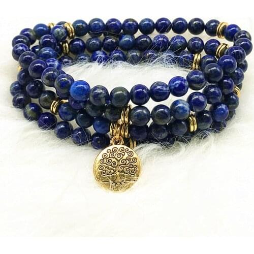 74 CM Women Charm Bracelets 6 MM Nature Lapis Stone Pendant Necklace Good Quality Gold Charm Tree Pendant Golden Color