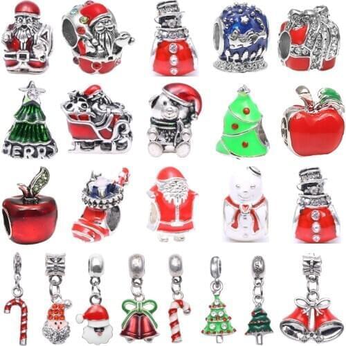 CHIELOYS 2Pcs/Lot Christmas Tree Prensent Santa Claus Crystal Big Hole Beads Pendant Fit DIY Charm Bracelets For Women Gift