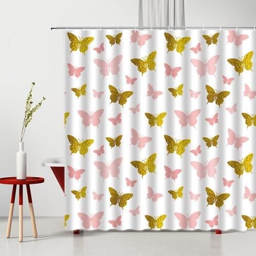 Child Shower Curtain Golden Butterfly Printing Pattern Bathtub Decor Waterproof Hanging Curtain Multiple Size With Hooks