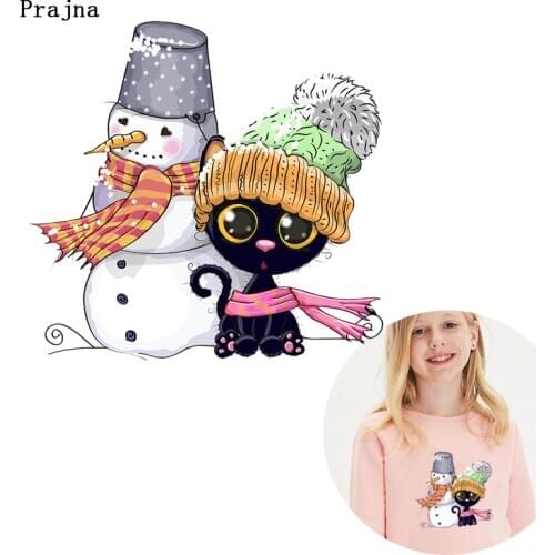 DIY Winter Snowman Heat Transfer Black Cat Thermal Transfer For Clothing Deer Printed Stickers Ironing Transfer Vinyl Decor