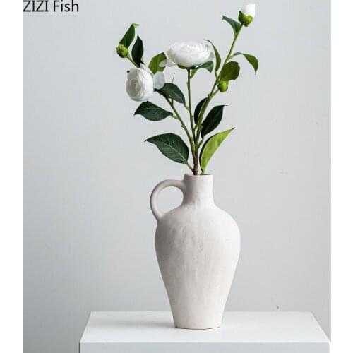 Ceramic Handle Vase White Porcelain Plants Pots Decorative Artificial Flowers Hydroponics Floral Arrangement Nordic Home Decor