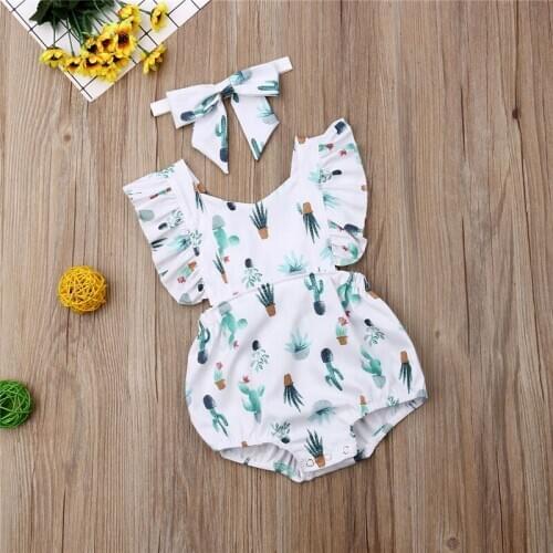 Summer Sleeveless White Backless Cactus Jumpsuit Headband Outfits Clothing 2019 Newborn Infant Toddler Baby Girls Bodysuit