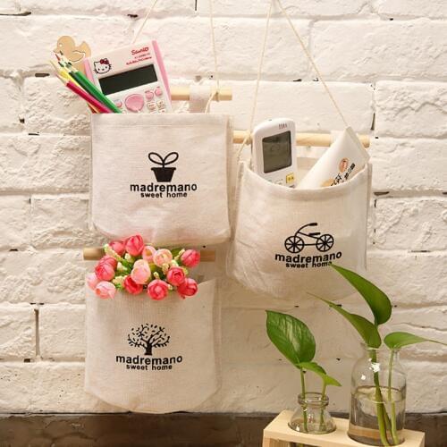 1PCS Cute wall line cotton sundries cotton linen storage bag makeup rack jewelry storage basket storage bag
