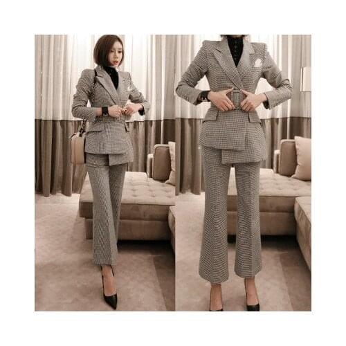 Fashion pants suit femme spring / summer New Casual double-breasted plaid suit jacket + pants professional suit women