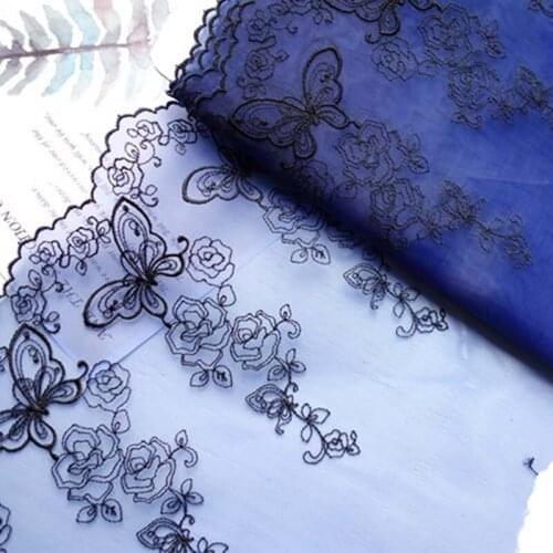10Meters Embroidered Lace Fabric Blue Red Mesh Tulle DIY Handmade Materials 16cm Wide Floral Butterfly Ribbon Trim Free Shipping