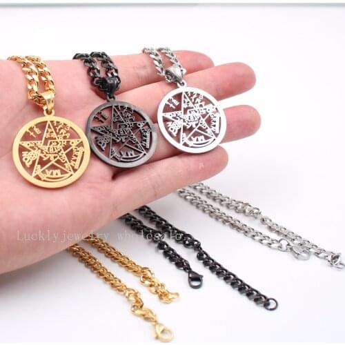 Hot selling Gold/ black Stainless Steel Religious Wicca pentagram Pendant Curb chain necklace 5mm 18''-32
