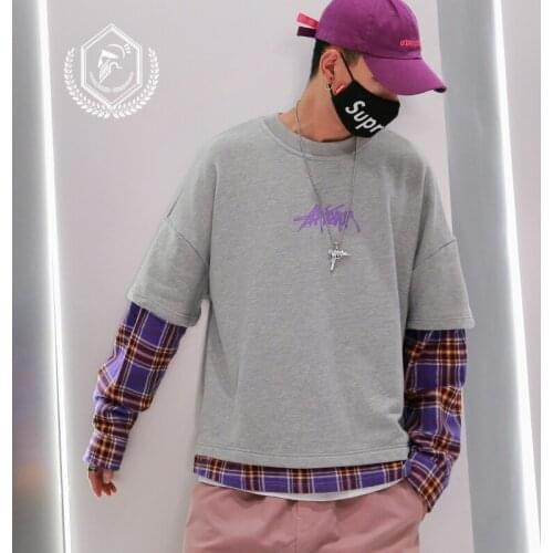 Men Fashion Loose Print Plaid Patchwork Pullover Hip Hop Sweatshirts
