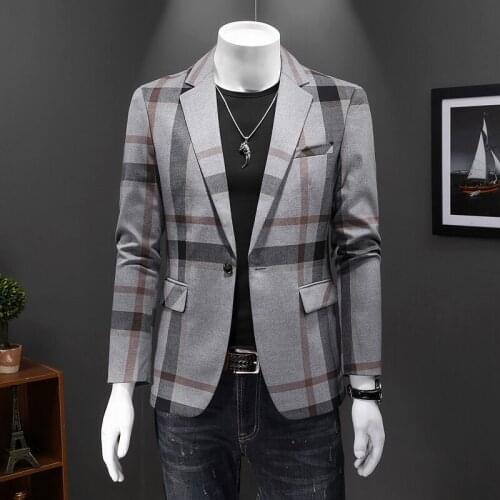 2021 New Gray Plaid Blazer For Men Slim Fit One Button Mens Casual Blazers Stylish Mens Dinner Prom Party Blazer Jacket Q194