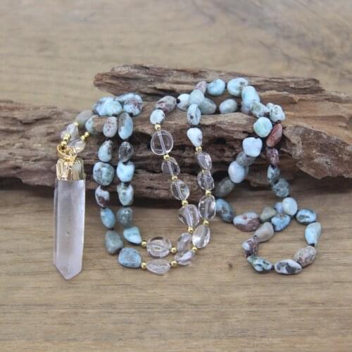 Natural Larimar Beads Handmade Knotted Necklace Raw Crystal Point Tusk Pendants Mala Yoga Women Boho Jewelry Dropshipping,QC0137