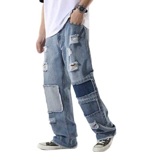 New Fashion Ripped Jeans Men Loose Baggy Straight Distressed Patch Beggar Denim Pants Hiphop Raw Edge Trousers Streetwear Sense