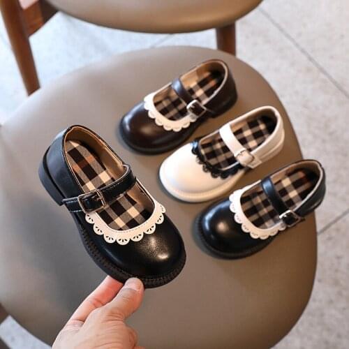Solid Pu Leather Childrens Shoes for 2021 Spring and Autumn Square Heel Velcro Stylish Girls Leather Shoes Soft Soled Shoes