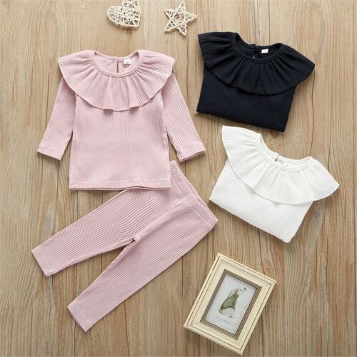 0-3Y Toddler Baby Girl Clothes Sets Solid Knitted Ruffle Tops T-Shirt Leggings Pants Outfits 2pcs