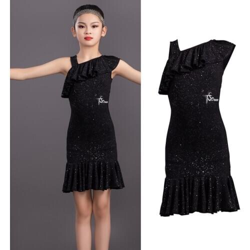 Girls Latin Dance Competition Dress Children Black Shiny Latin Practice Dancewear Salsa Tango Modern Cha Cha Dance Dress SL3945