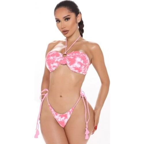 54、Ink Printed Sexy Bikini Hanging Neck Bikini Swimwear Female Bandeau Thong Bikini 2021 Bandage Solid Swimsuit Bikini Set