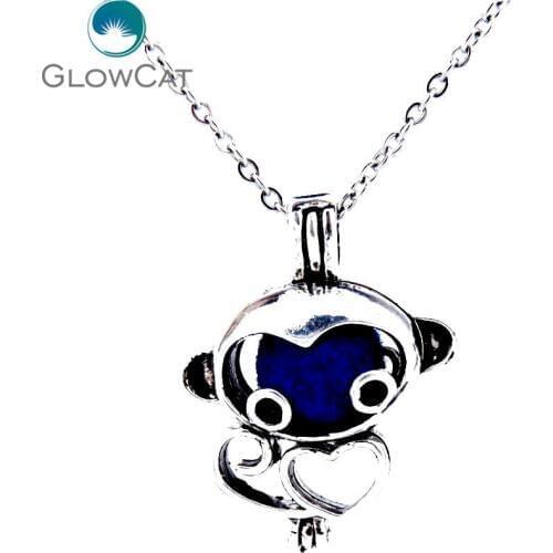 VV273 Vintage Retro Monkey Stones Beads Cage Locket Necklace Aromatherapy Essential Oil Stainless Chain Necklace