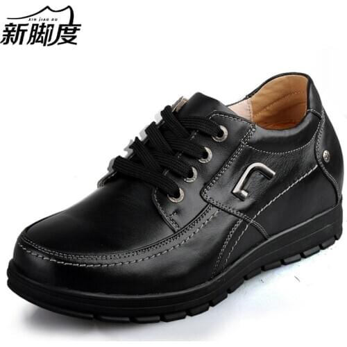 X577-2 Comfortable Black Calfskin Height Increasing Elevator Shoes in Hidden Insoles Heels Grow Man Taller 7CM Invisibly