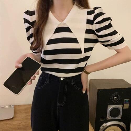 2021 Korean Summer Vintage Women Slim T-Shirts Turn-Down Collar Puff Sleeve Tees Casual Knit Stripes Tees Tops