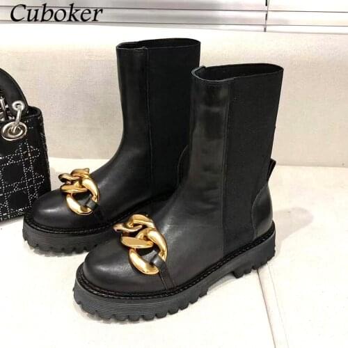 Brand Runway Ankle Boots Women Round Toe Thick Sole Metal Gold Sliver Chain Decor High Quality Spring Autumn Short Boots Women