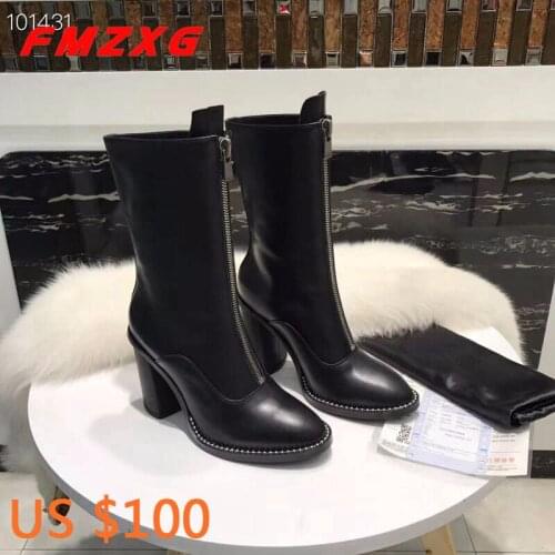 Fashion Zipper Women Heels High Boots High Quality Top Brand Chain Boots Sexy Shoes Motorcycle Brand Woman Booties Platform Boot