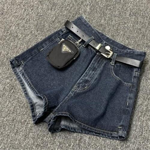 High waist denim shorts women spring autumn A-line wide leg casual all-match jeans shorts with bag