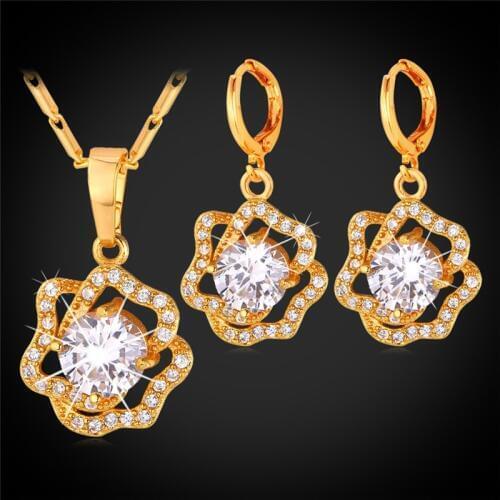 Cubic Zirconia Crystal Rose Flower Dangle Earrings And Pendant Necklace Set Women Gold Color Bridesmaid Jewelry Set PE1156