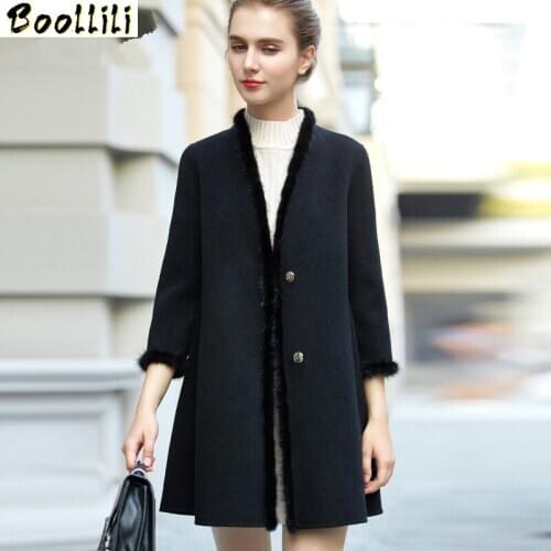 Boollili 2020 Wool Coat Female Autumn Winter Double Cashmere Jackets For Women Natural Mink Fur Collar manteau femme hiver