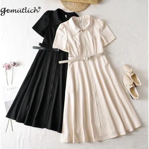 GEMUTLICH Women Solid Color Long Dress Slim Office Lady Turn-Down Collar Short Sleeved Vintage Elegant Dresses with Belt L-4XL