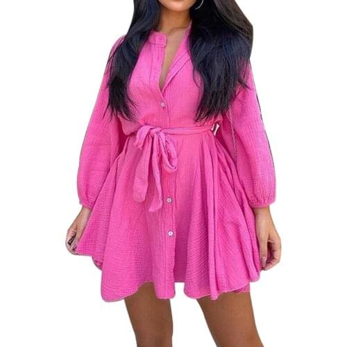 BAMBOOBOY Womens Elegant Stand Collar Solid Color Long Sleeve Button Belt Casual Mini A Line Shirt Dress FD427