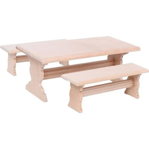 1:12 Dollhouse Mini Wooden Long Dining Table and 2 Bench Set Furniture Parts Doll House Toys