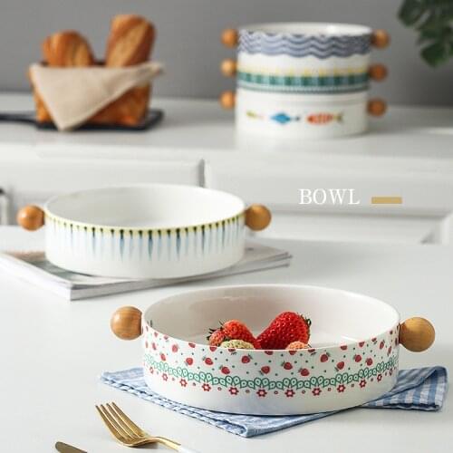 11 Inches Bohemian Ceramic Wooden Handle Binaural Baking Tray Strawberry Wave Binaural Large Baking Bowl Fruit Salad Tableware