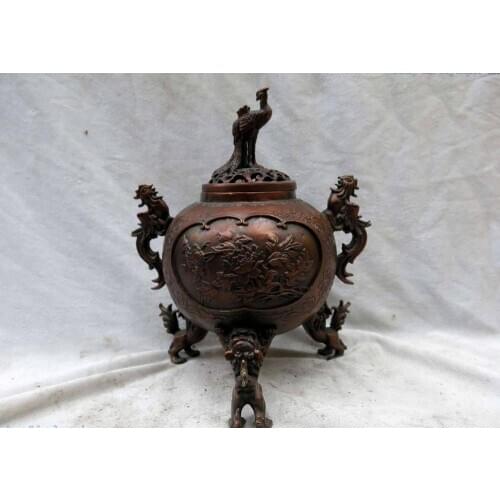 9" China red bronze fine workmanship peony phoenix Foo Dogs Lion censer statue