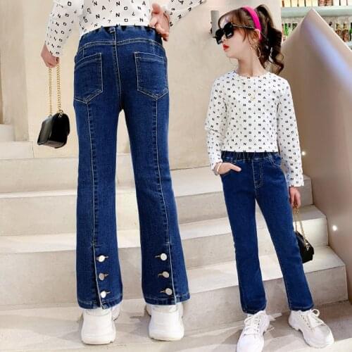 Jeans For Girl Bottom Button Spring Autumn Casual Style Childrens Clothing Dark Blue Elastic Small Flare Pants 4 5 7 8 9 11 13Y