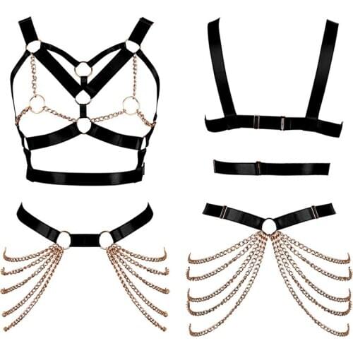 2-Piece Set Black Body Harness Bra Strap Tops Chest Cage Belt Gold Metal Chain Sexy Lingerie Garter Punk Goth Adjust Dance Rave