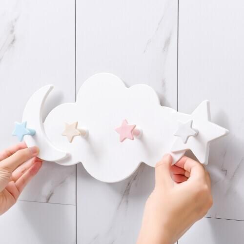 Wall Mounted Key Holder Creative Star Moon Cloud Shape Nail Free 4 Hooks Bathroom Moisture proof Multi Functional Hooks