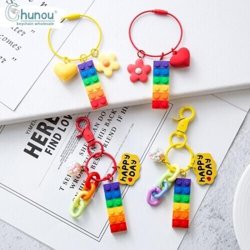 New Cute Gummy Rainbow Blocks Keychain Key ring Resin Pendant Charms Heart Flower Resin Keyring For Woman Keychains Accessories