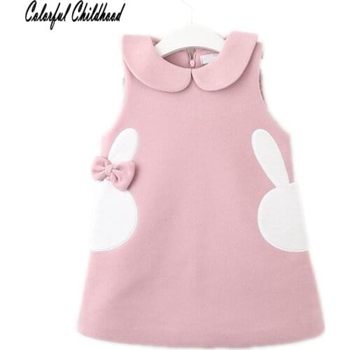 Baby Girls Dress Adorable Bunny Printed Woolen Vest Dress Toddler Kid Winter Sleeveless Bottoming Thicken Woolen Dress Out Wear