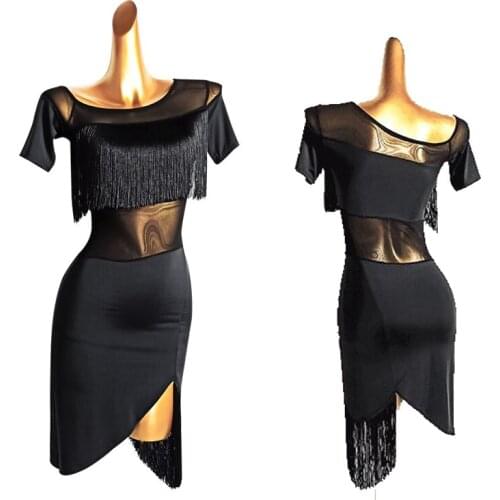 New Latin Dance Dress For Women Fringe Dress Practice Clothes Mesh Stitching Dance Costumes Salsa Dress Latin Dance Wear DN9597