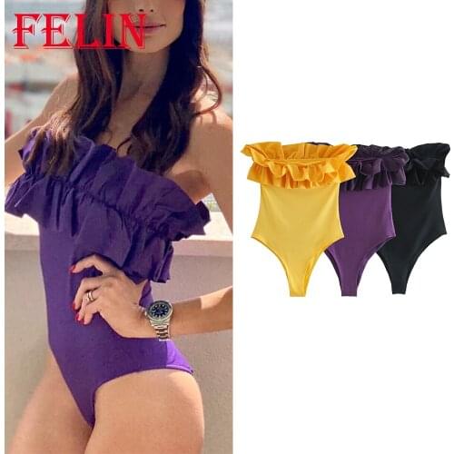 Za 2021 Women Chic Yellow Sexy Swimwears Bikini Ruffles Summer Beach Tops Mujer Sleeveless Strapless Swim Wears