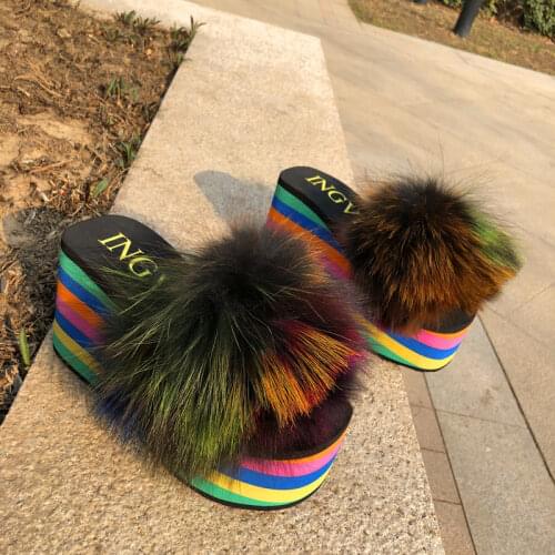 Womens Rainbow Colors Real Fox Fur Decor Slipper Platform Muffin Super High Wedge Heel Shoes Slides Slingback New Mules